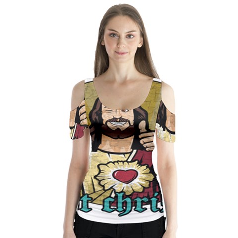 Buddy Christ Butterfly Sleeve Cutout Tee  by Valentinaart