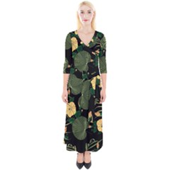 Tropical Vintage Yellow Hibiscus Floral Green Leaves Seamless Pattern Black Background  Quarter Sleeve Wrap Maxi Dress by Sobalvarro