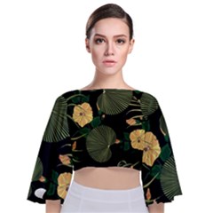 Tropical Vintage Yellow Hibiscus Floral Green Leaves Seamless Pattern Black Background  Tie Back Butterfly Sleeve Chiffon Top by Sobalvarro