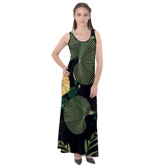 Tropical Vintage Yellow Hibiscus Floral Green Leaves Seamless Pattern Black Background  Sleeveless Velour Maxi Dress by Sobalvarro