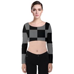 Black Gingham Check Pattern Velvet Long Sleeve Crop Top by yoursparklingshop