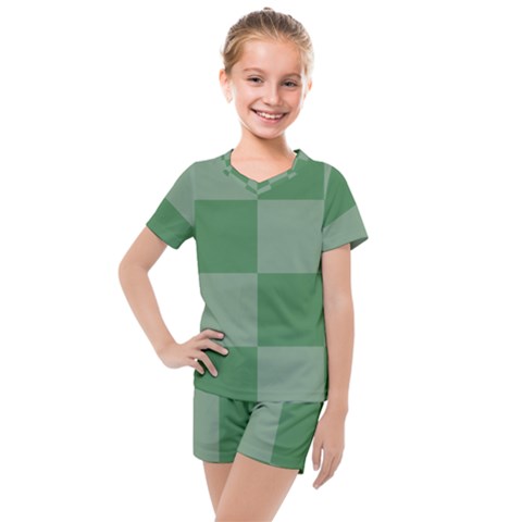 Green Gingham Check Squares Pattern Kids  Mesh Tee And Shorts Set by yoursparklingshop
