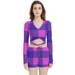 Blue And Pink Buffalo Plaid Check Squares Pattern Velvet Wrap Crop Top And Shorts Set by yoursparklingshop