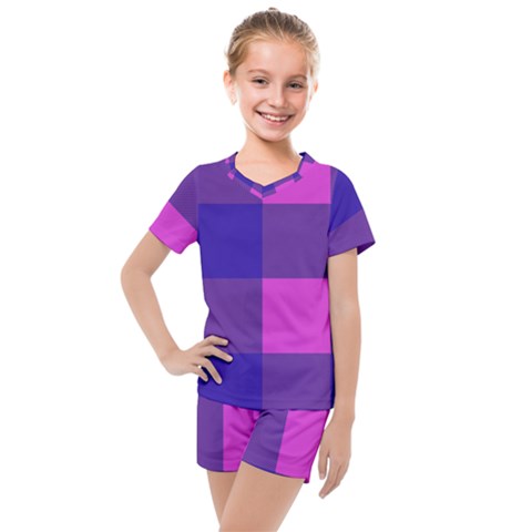 Blue And Pink Buffalo Plaid Check Squares Pattern Kids  Mesh Tee And Shorts Set by yoursparklingshop