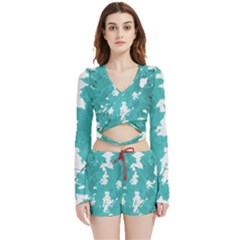 Blue Autumn Maple Leaves Collage, Graphic Design Velvet Wrap Crop Top And Shorts Set by picsaspassion