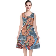 Chinese Phoenix V-neck Midi Sleeveless Dress  by ExtraAwesomeSauce