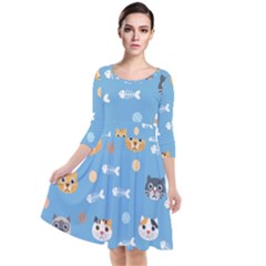 Cute Cat Pattern Quarter Sleeve Waist Band Dress by ExtraAwesomeSauce