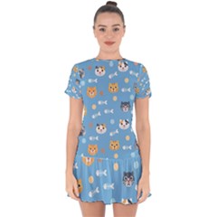 Cute Cat Pattern Drop Hem Mini Chiffon Dress by ExtraAwesomeSauce