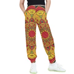 Mandela Flower Orange And Red Kids  Elastic Waist Pants by ExtraAwesomeSauce