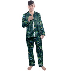 Watercolor Peacock Feather Pattern Men s Long Sleeve Satin Pajamas Set by ExtraAwesomeSauce
