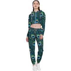 Watercolor Peacock Feather Pattern Cropped Zip Up Lounge Set by ExtraAwesomeSauce