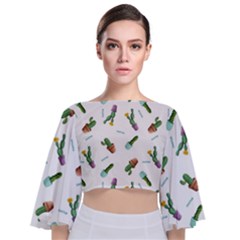 Cacti In Pots Tie Back Butterfly Sleeve Chiffon Top by SychEva