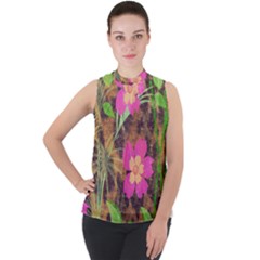 Jungle Floral Mock Neck Chiffon Sleeveless Top by PollyParadise