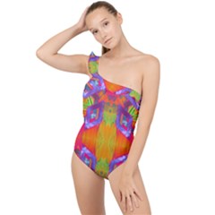 Glitch Futuristic Punk  Frilly One Shoulder Swimsuit by gloriasanchez