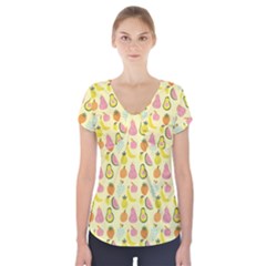 Tropical Fruits Pattern  Short Sleeve Front Detail Top by gloriasanchez