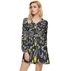 Folk Flowers Art Pattern Floral Abstract Surface Design  Seamless Pattern Tiered Long Sleeve Mini Dress by Eskimos