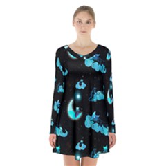Starry Night With Foxes, Cats And An Owl Moon Long Sleeve Velvet V-neck Dress by TanitaSiberia