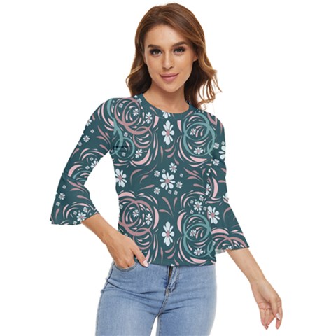 Folk Flowers Art Pattern Floral Abstract Surface Design  Seamless Pattern Bell Sleeve Top by Eskimos