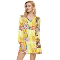 Yellow Floral Aesthetic Tiered Long Sleeve Mini Dress by designsbymallika
