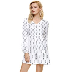 Sketchy Monster Pencil Drawing Motif Pattern Tiered Long Sleeve Mini Dress by dflcprintsclothing
