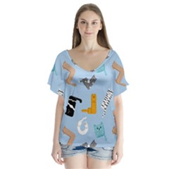Unusual And Funny Tetris Cats V-neck Flutter Sleeve Top by SychEva