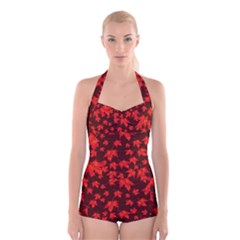 Red Oak And Maple Leaves Boyleg Halter Swimsuit  by Daria3107