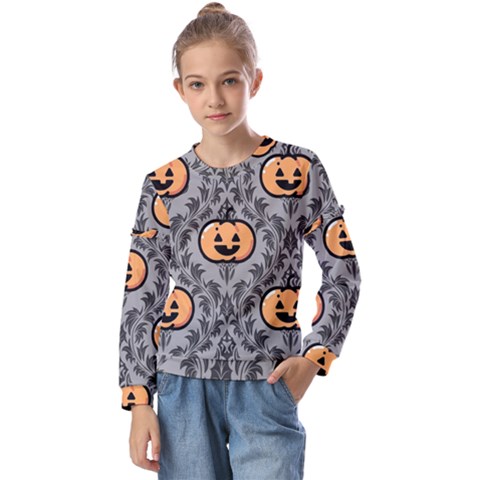 Pumpkin Pattern Kids  Long Sleeve Tee With Frill  by NerdySparkleGoth