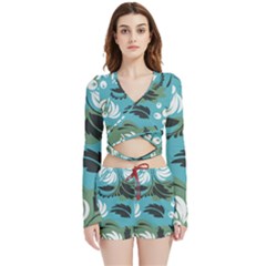 Folk Flowers Pattern Floral Surface Velvet Wrap Crop Top And Shorts Set by Eskimos
