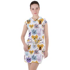 Funny Animal Faces With Glasses On A White Background Drawstring Hooded Dress by SychEva