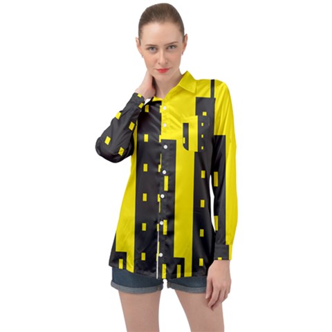 Skyline-city-building-sunset Long Sleeve Satin Shirt by Sudhe