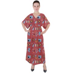 50s Red V-neck Boho Style Maxi Dress by NerdySparkleGoth