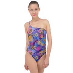 Multicolored Splashes And Watercolor Circles On A Dark Background Classic One Shoulder Swimsuit by SychEva