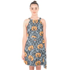 Halloween Jack O Lantern Halter Collar Waist Tie Chiffon Dress by NerdySparkleGoth