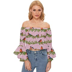 Bullfinches Sit On Branches On A Pink Background Off Shoulder Flutter Bell Sleeve Top by SychEva