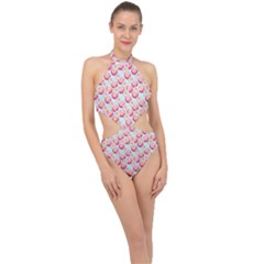 Pink And White Donuts On Blue Halter Side Cut Swimsuit by SychEva
