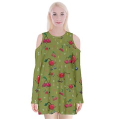 Red Cherries Athletes Velvet Long Sleeve Shoulder Cutout Dress by SychEva