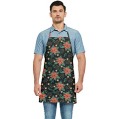Large Christmas Poinsettias On Black Kitchen Apron by PodArtist