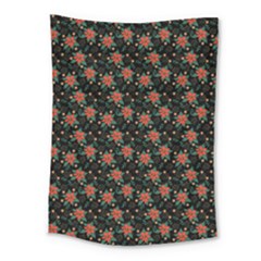 Medium Red Christmas Poinsettias On Black Medium Tapestry by PodArtist