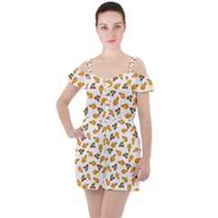 Oak Leaves And Acorns Ruffle Cut Out Chiffon Playsuit by SychEva