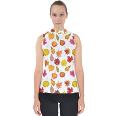 Watercolor Autumn Leaves Mock Neck Shell Top by SychEva