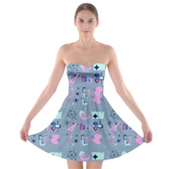 50s Diner Print Blue Strapless Bra Top Dress by NerdySparkleGoth