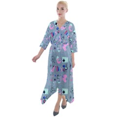 50s Diner Print Blue Quarter Sleeve Wrap Front Maxi Dress by NerdySparkleGoth