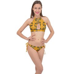 Floral Folk Damask Pattern Fantasy Flowers Floral Geometric Fantasy Cross Front Halter Bikini Set by Eskimos