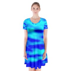 Blue Waves Abstract Series No12 Short Sleeve V-neck Flare Dress by DimitriosArt