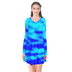 Blue Waves Abstract Series No12 Long Sleeve V-neck Flare Dress by DimitriosArt