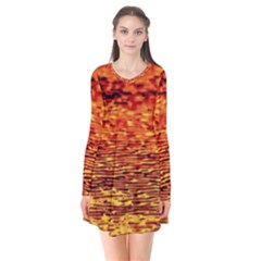 Red Waves Flow Series 2 Long Sleeve V-neck Flare Dress by DimitriosArt