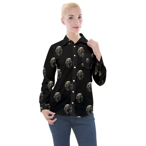 Creepy Head Sculpture With Respirator Motif Pattern Women s Long Sleeve Pocket Shirt by dflcprintsclothing