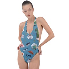 Fashionable Office Supplies Backless Halter One Piece Swimsuit by SychEva