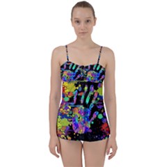Crazy Multicolored Each Other Running Splashes Hand 1 Babydoll Tankini Set by EDDArt
