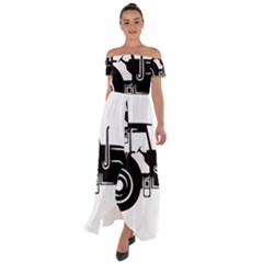 Black-farm-tractor-cut Off Shoulder Open Front Chiffon Dress by DinzDas